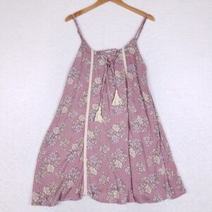 Hint Of Blush Boho Floral Dress Size L Tassel Tie Mauve Rayon Cottagecore